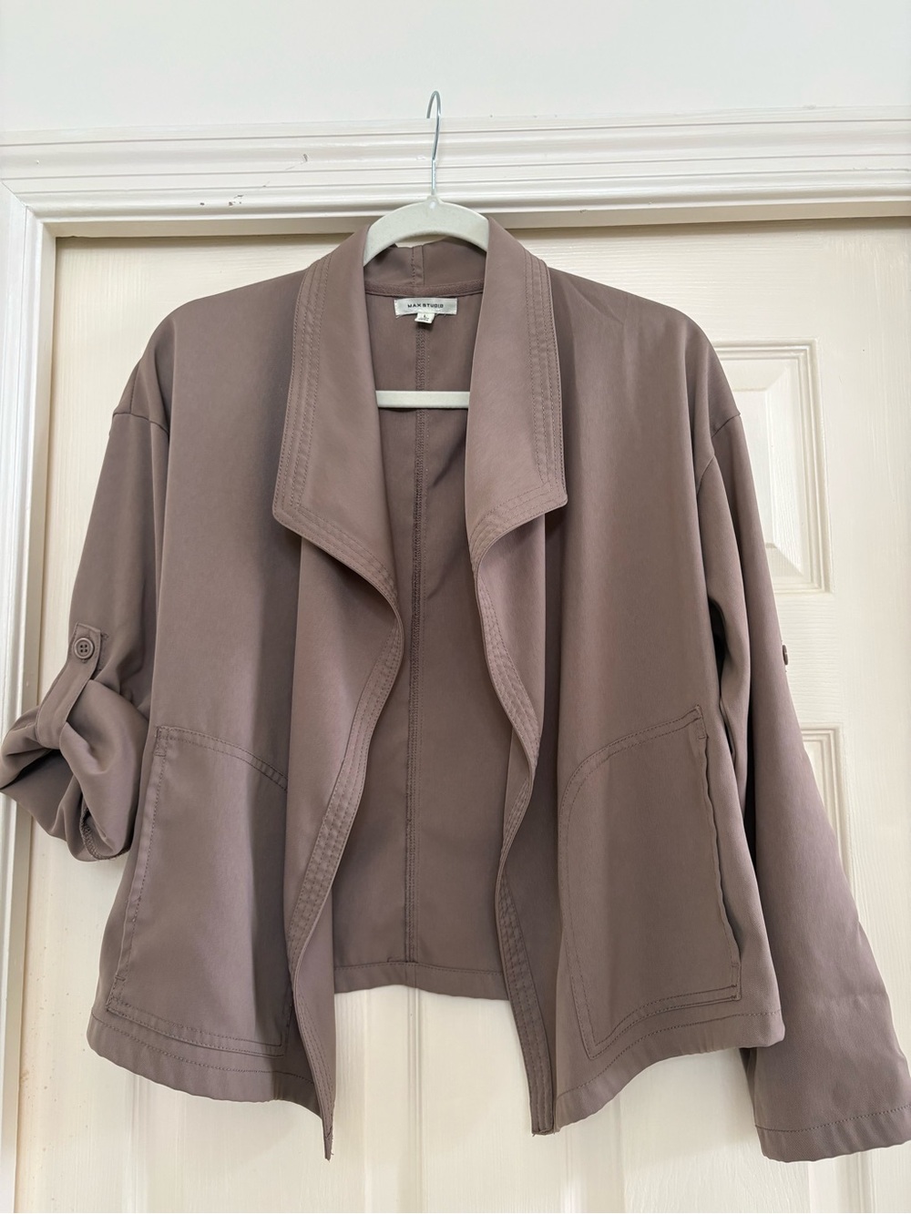 Max Studio Draped Open-Front Blazer in Taupe-Mauve